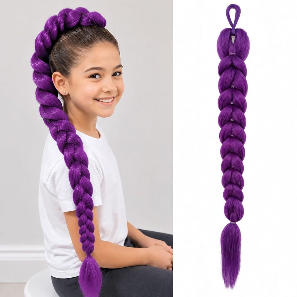NEW 26" Purple Pre-Braided Ponytail Extension K-Pop Rumi Style + Hair Cuffs